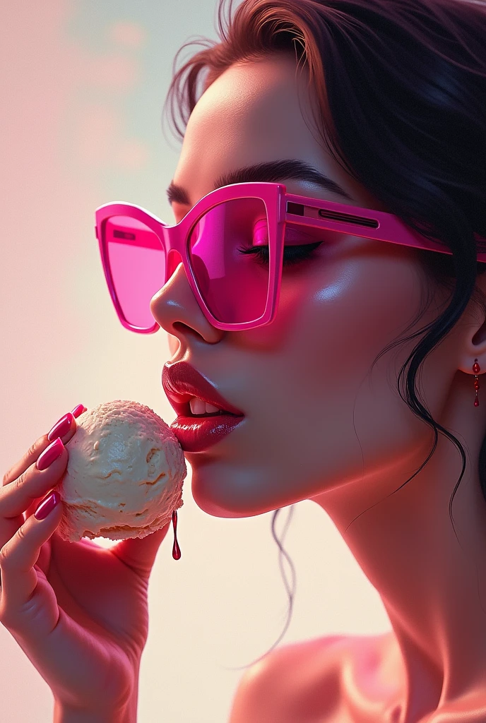 Sexy woman mouth licking ice cream ball. Ice cream runs down the corners of the mouth. focus on mouth. View from the side. Abstract style Add sunglasses with pink lenses.