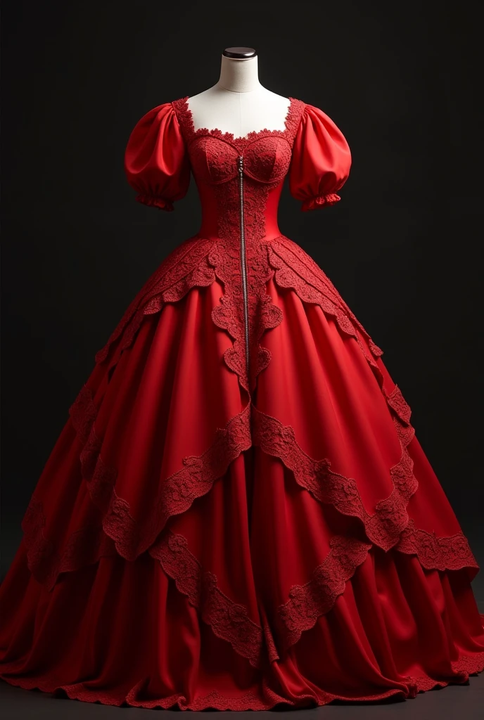 Striking red imperial dress with lace and rhinestones. Voluminous skirt supported by a petticoat. defined waist, puff sleeves, and square cut