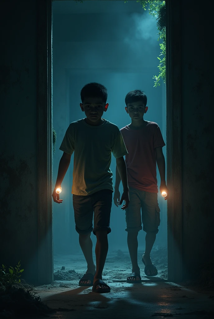 /imagine prompt: 2d, personality: [Show the boys entering the dark house, flashlights illuminating their faces. Himanshu looks nervous and anxious, while Sahil appears calm yet alert, scanning the dark corners as Keshav shifts uneasily, visibly hesitant] unreal engine, hyper real --q 2 --v 5.2 --ar 16:9