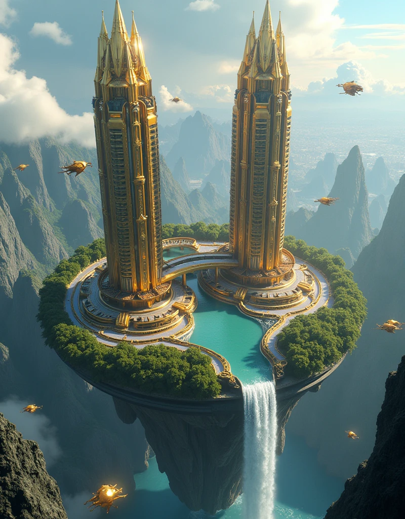 floating futuristic city, there are twin towers of Kuala Lumpur on the floating island, there is a river and a waterfall on the island, the water is falling down, below there is a thick forest and a river, many futuristic epic scifi vehicles are flying towards the city from various directions, gold polished, whimsical, epic scifi city outside the multiverse, top view