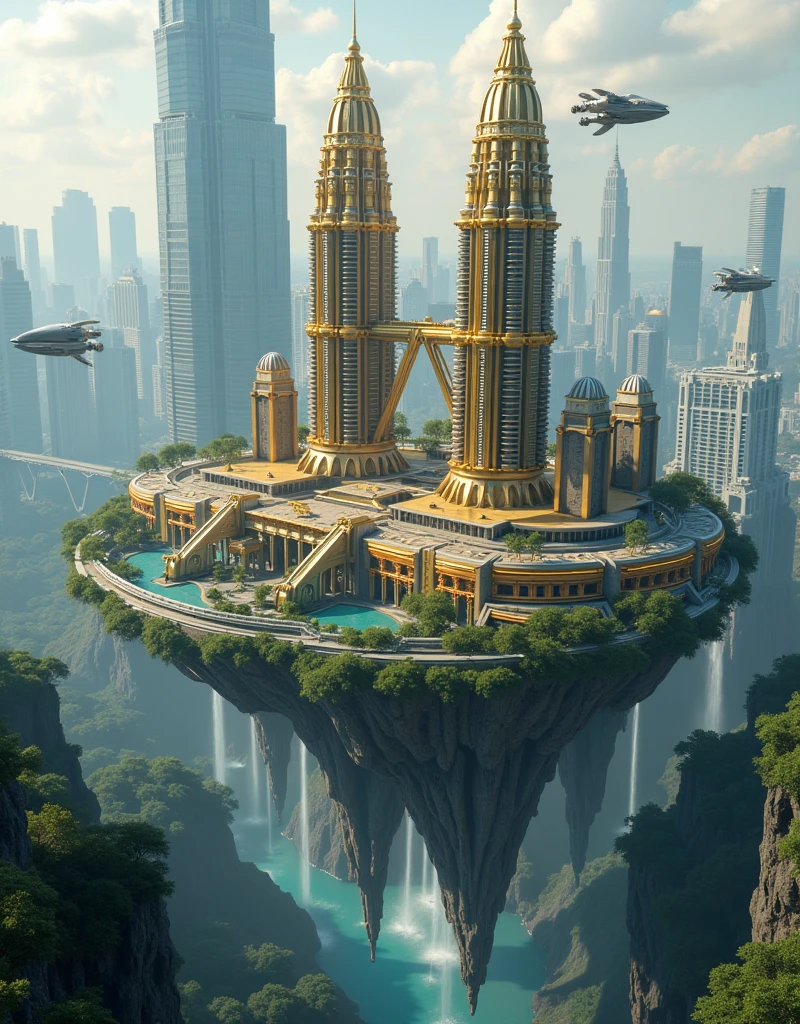 floating futuristic city, there are twin towers of Kuala Lumpur on the floating island, there is a river and a waterfall on the island, the water is falling down, below there is a thick forest and a river, many futuristic epic scifi vehicles are flying towards the city from various directions, gold polished, whimsical, epic scifi city outside the multiverse, top view