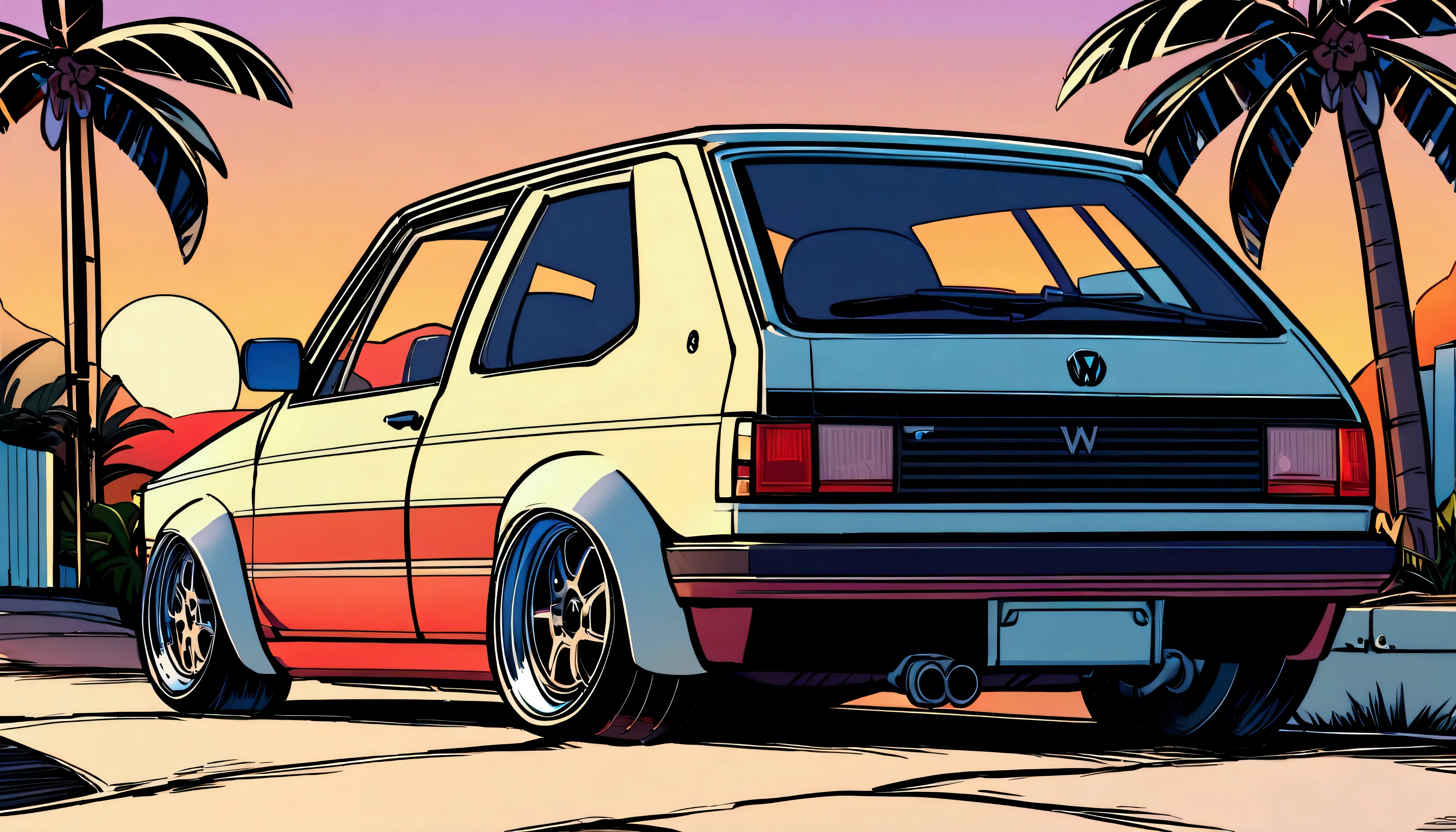 ((ＴShirt Design)), 1983 Volkswagen Golf GTI, Sunset background, Palm tree, Layers with 5 colors, Corner of the street, Berek's drum, Plethean, 