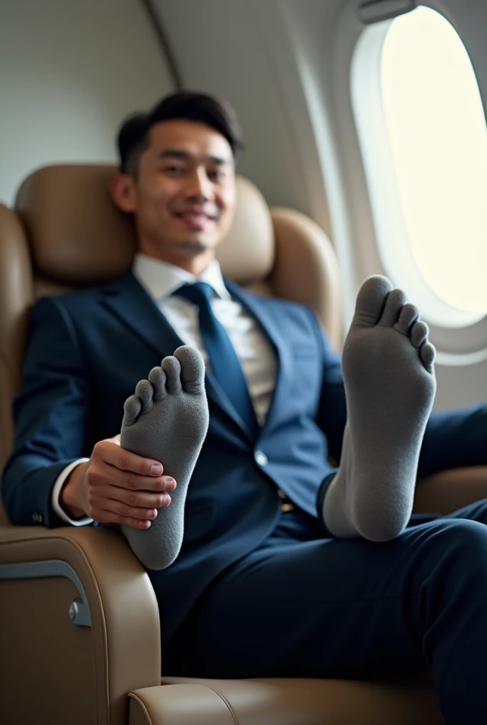 Handsome 25 years steward from Malaysia Airline
Suit and tie
Feet on desk
5 toes each feet
tickle feet
Grey sock on his feet