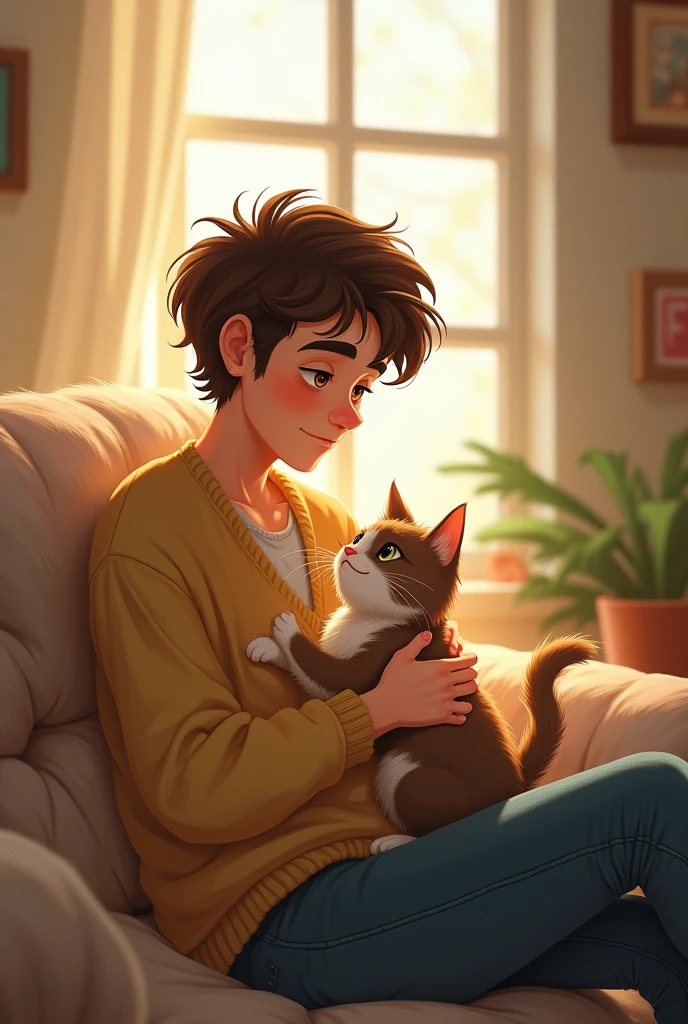 Create me a picture of Rubis with his cat