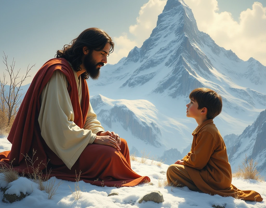 We need an image in which Jesus is sitting and explaining to a boy the foot of a snowy mountain.