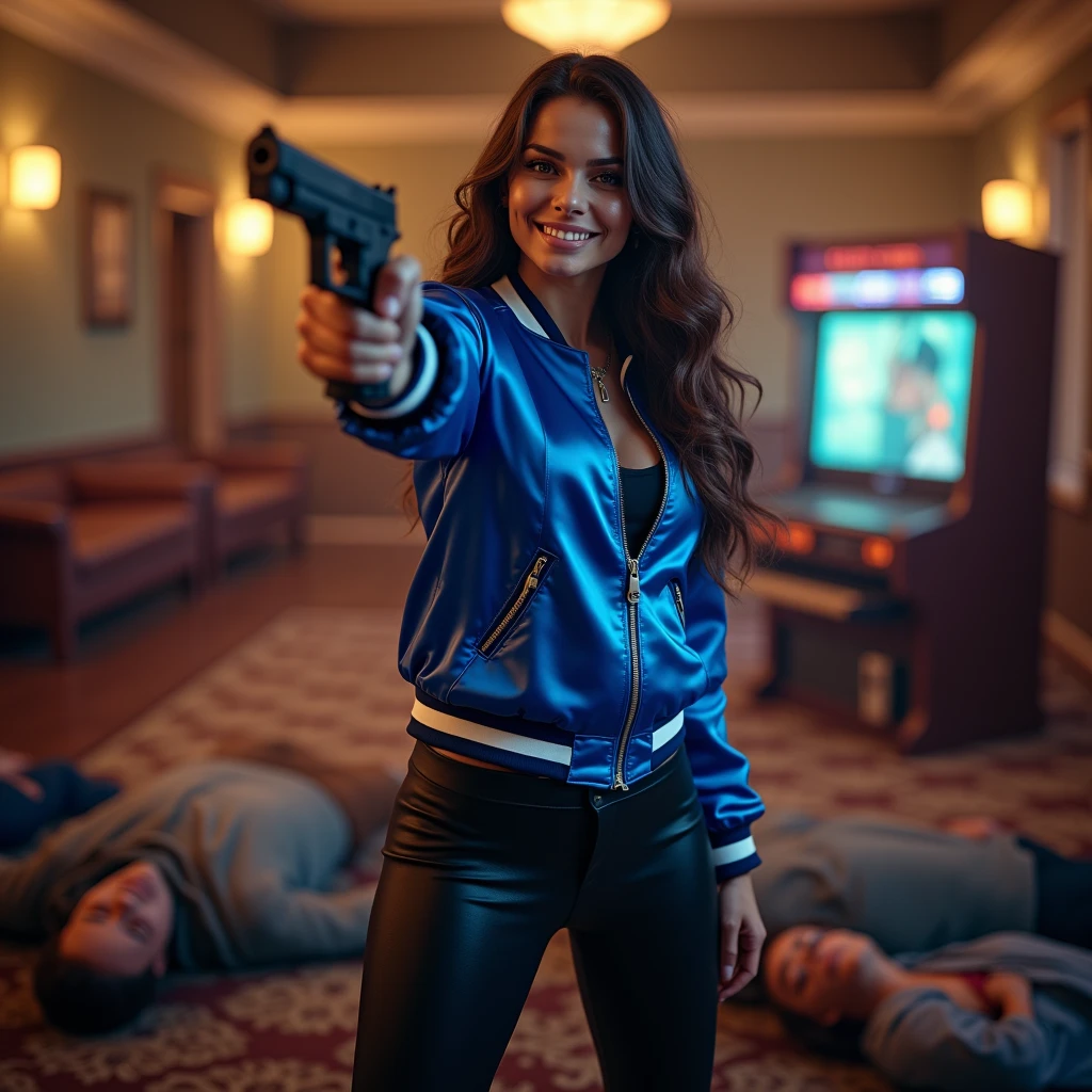 wide depth of field, wide depth of focus, f/11 lens setting, all objects in focus, full color image, woman holding pistol, holding a pistol, large fraternity house game room, full body image, (royal blue satin bomber jacket with white trim, leggings, ), woman posing with a pistol aimed at camera, long flowing hair, confidant smile, pure form, intricate details, 8K post-production, high resolution, super detailed, Popular topics on Artstation,, Studio photos, intricate details, Very detailed, she stands in the middle of the room and she is surrounded by a large pile of defeated men laying unconscious with closed eyes on the floor