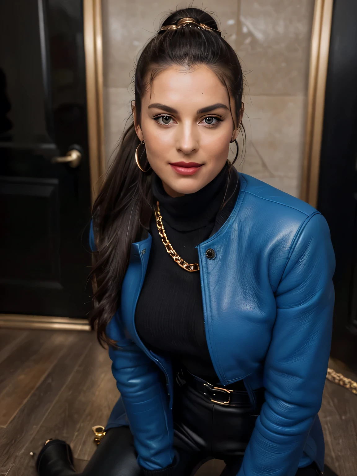 photo of a completly clothed prime minister of parliament woman with a smile ( no nudity) ,waitin for the man she loves , monica bellucci at 32 , ((incredibly clear clear blue eyes )) (( flirting with the camera)) (( smart smiling lookin at the camera)) (( red lipstick)) (( Monica is dressed with a very long near feet and large black leather long coat over a blue tellier jacket blue turtleneck sweater , gold chain, and black leather pants inside the boots,:1.2 )) (( black soft stiletto pirate high knee Leather boots )) (( black ponytail hair)) (( black soft gloves )) (( standing with legs bent)) (( Sport bags on her shoulders)) (( the photo is from up front worms eyes view )) 4k 8k ultradetailed, kodak print, detailed realistic face, 4k 8k ultradetailed, smooth images, realistic woman, detailed eyes, detailed face, detailed lips