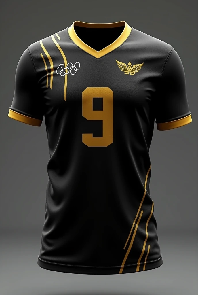 A black high school sports jersey designed for an Olympic-themed competition, featuring minimalistic golden accents. The jersey has a single, wide golden stripe running diagonally from the shoulder to the opposite hip, creating a sense of motion. The player number is large and centrally placed in a shimmering gold color. The school's crest is small and positioned near the collar. The sleeves are plain black, with a touch of gold on the cuffs.