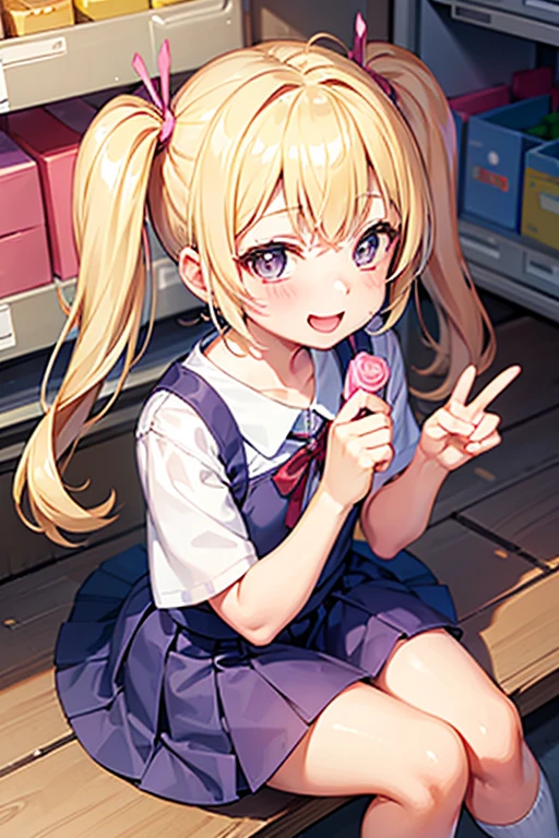 Young elementary school student, blonde, short pigtails, candy in both hands, cheerful, candy store, smile, happy, fun, pop
