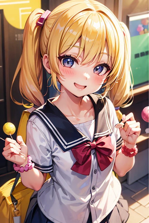 Young elementary school student, blonde, short pigtails, candy in both hands, cheerful, candy store, smile, happy, fun, pop