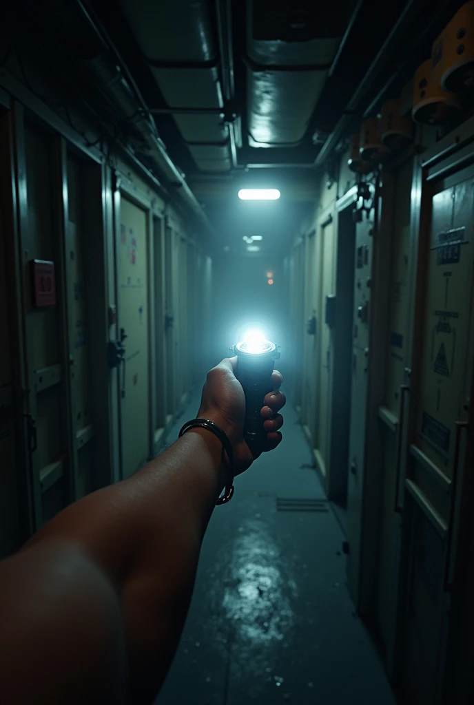 Spaceship internally, FIRST PERSON PERSPECTIVE CREWMAN, only one arm appears holding a flashlight, rooms