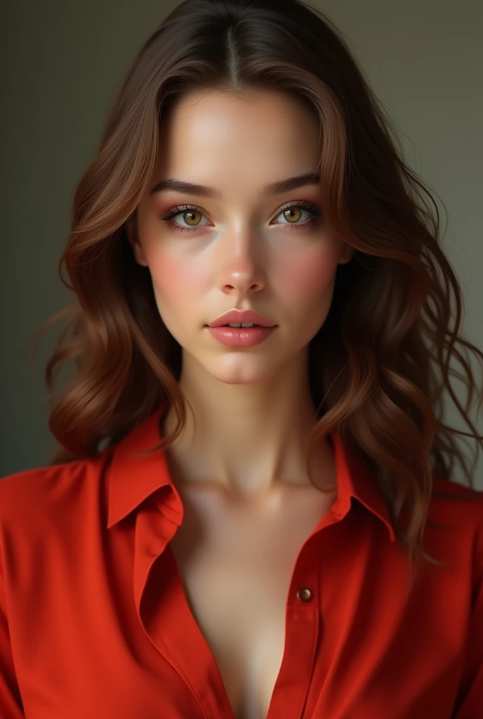 (photorealism:1.2) woman with long brown hair , Honey eyes , with red shirt