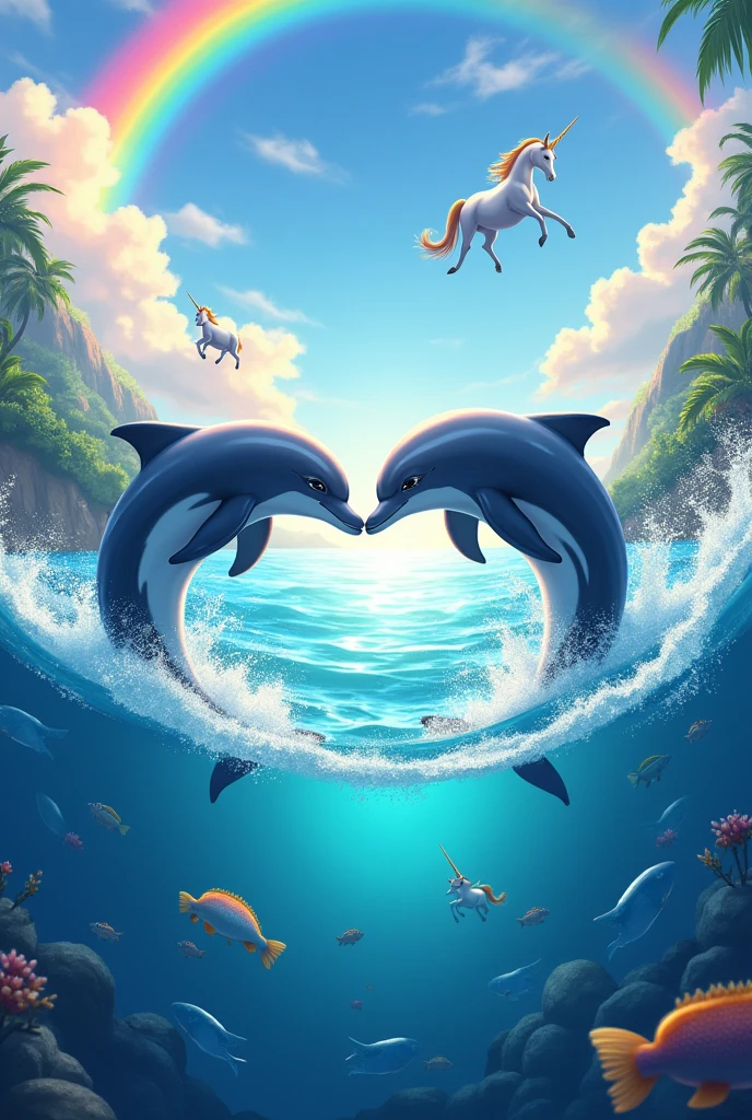 Dolphins jumping out of the water forming a heart shape, With a rainbow in the background, Also add unicorns, fish and vegetation 