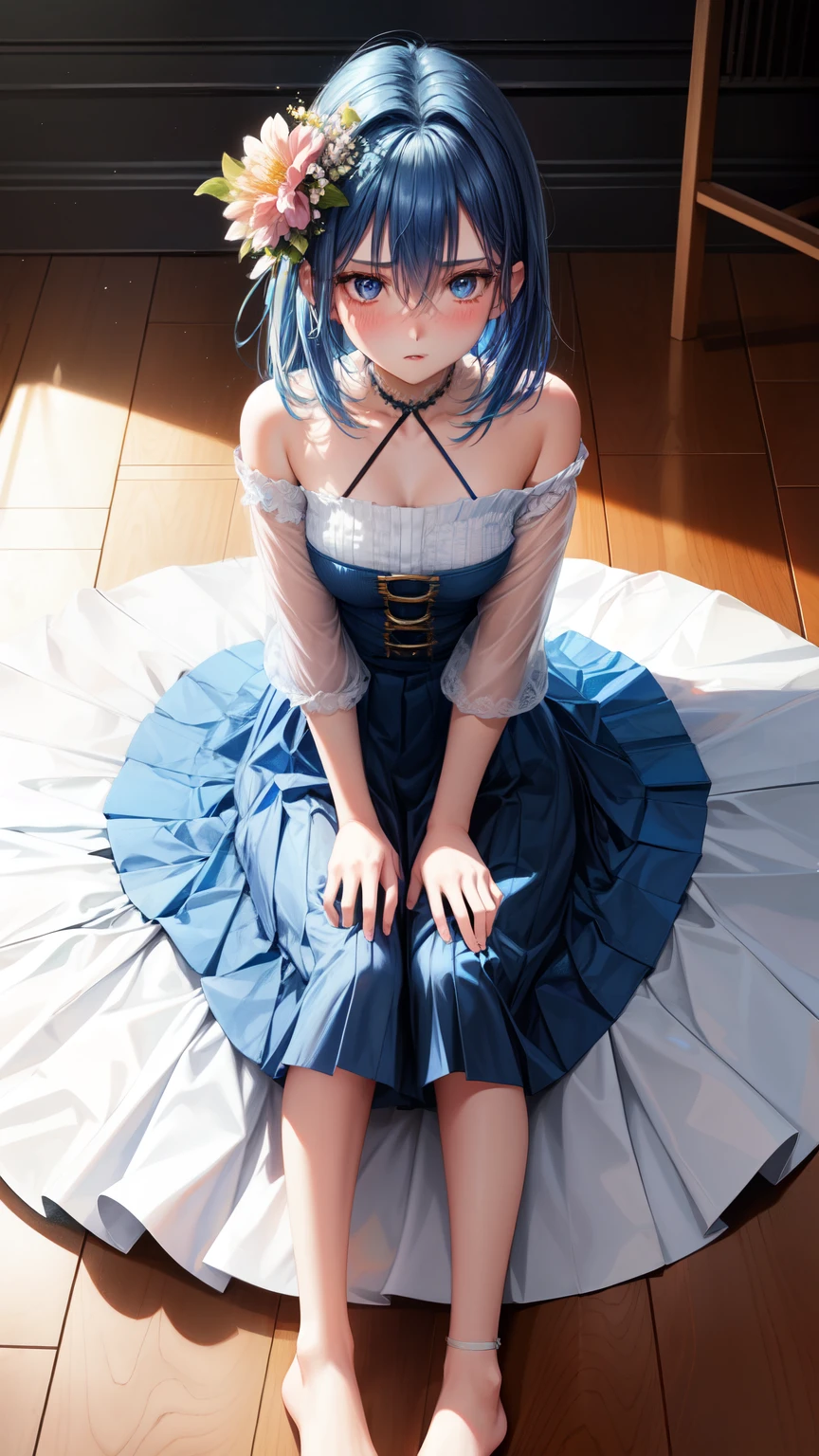 realisitic, 1 girl, blue hair, glare eyes, top cut, overskirt, parted lips, blush, natta, flowers, floor, floorlight,