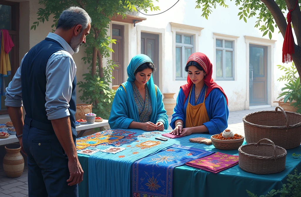 A craft market with two women selling embroidery, fabrics and a man buying