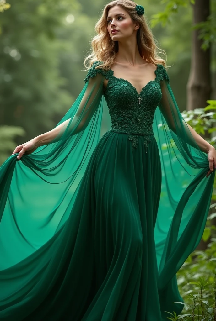 Create an emerald green dress with sleeves