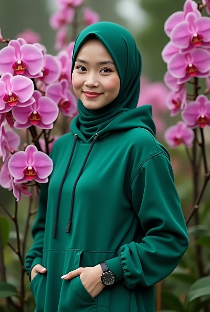 a beautiful Indonesian woman, smooth white skin, well-groomed face,wearing bottle green hijab, panjang, slow motion,wearing a bottle green hoodie, brand name (feel ) celana kargo hitam slow motion Banyak kantong nya,black watch, white shoes, posing standing next to pink orchid flowers,orange.red,purple, which flowers beautifully and thickly. The background of the beautiful orchid flower garden is very amazing .Realistic original photo