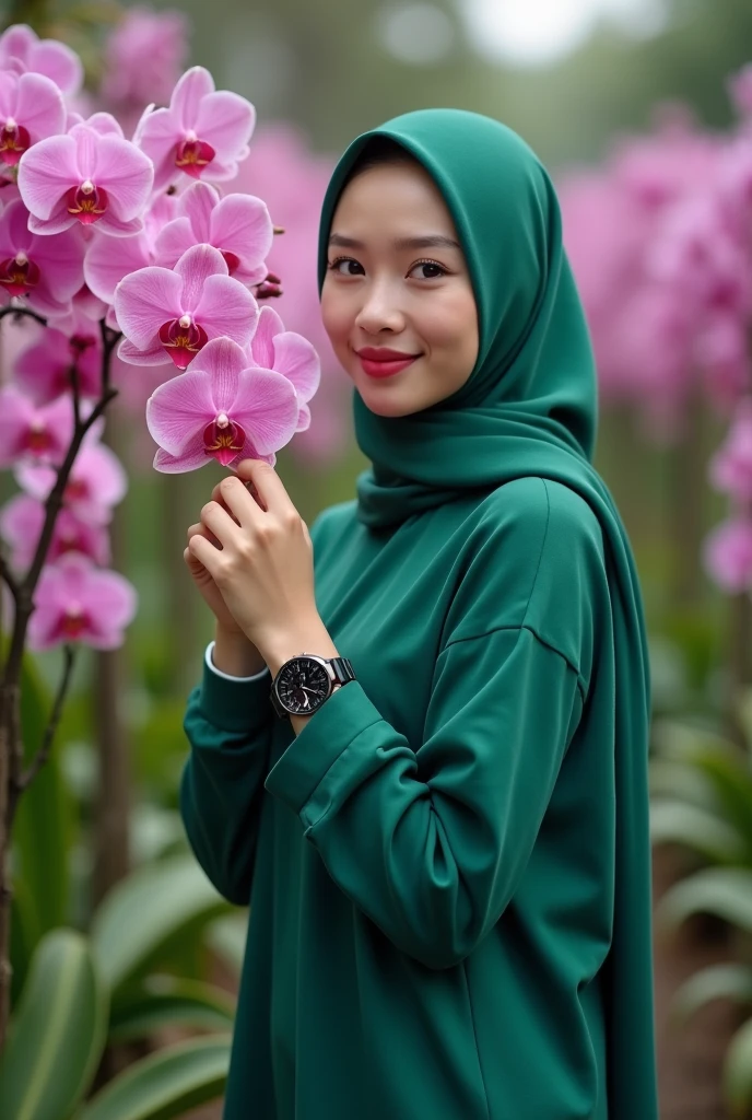 a beautiful Indonesian woman, smooth white skin, well-groomed face,wearing bottle green hijab, panjang, slow motion,wearing a bottle green hoodie, brand name (feel ) celana kargo hitam slow motion Banyak kantong nya,black watch, white shoes, posing standing next to pink orchid flowers,orange.red,purple, which flowers beautifully and thickly. The background of the beautiful orchid flower garden is very amazing .Realistic original photo 