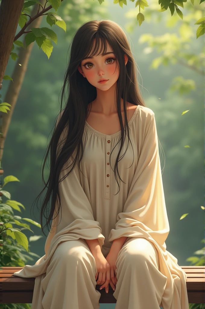 A 20 year old girl who seating in the bench and wear pajama and kurti long smooth heir with cute face 