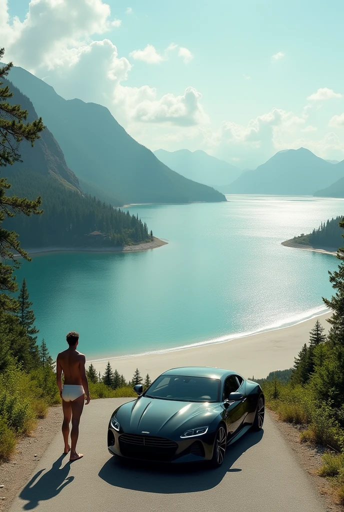 Black car stopped at the end of a paved road that ends in a large lake, panoramic view, lots of green and white sand beach. Man in white underwear next to car.