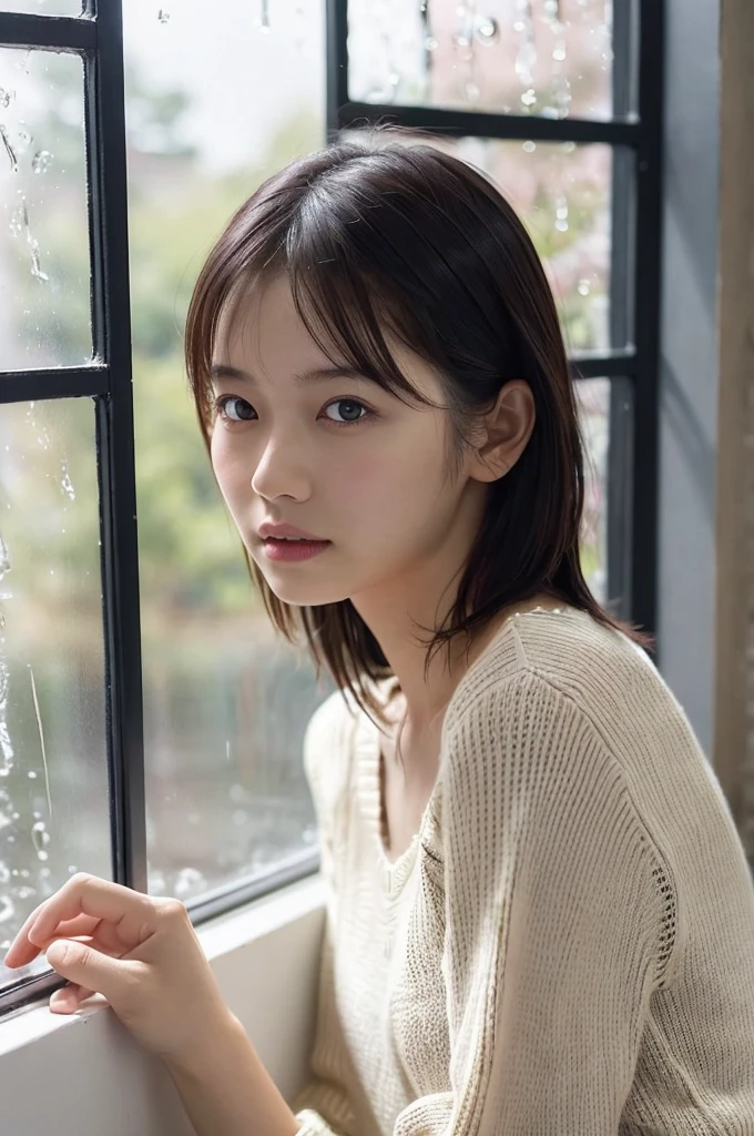 1 girl, (Wearing a white summer sweater:1.2), Very beautiful Japanese idol portraits, 
(RAW Photos, Highest quality), (Realistic, Realistic:1.4), (masterpiece), 
Very delicate and beautiful, Very detailed, 2k wallpaper, wonderful, finely, Very detailed CG Unity 8K 壁紙, Very detailed, High resolution, Soft Light, 
Beautiful detailed girl, Very detailed目と顔, Beautiful and sophisticated nose, finelyて美しい目, Cinema Lighting, 
(I am doing gravure shoots for fashion magazines..:1.3), (indoor), (Looking out the window on a rainy day:1.3),
(short hair), 
Complete Anatomy, Slender body, Small breasts, 