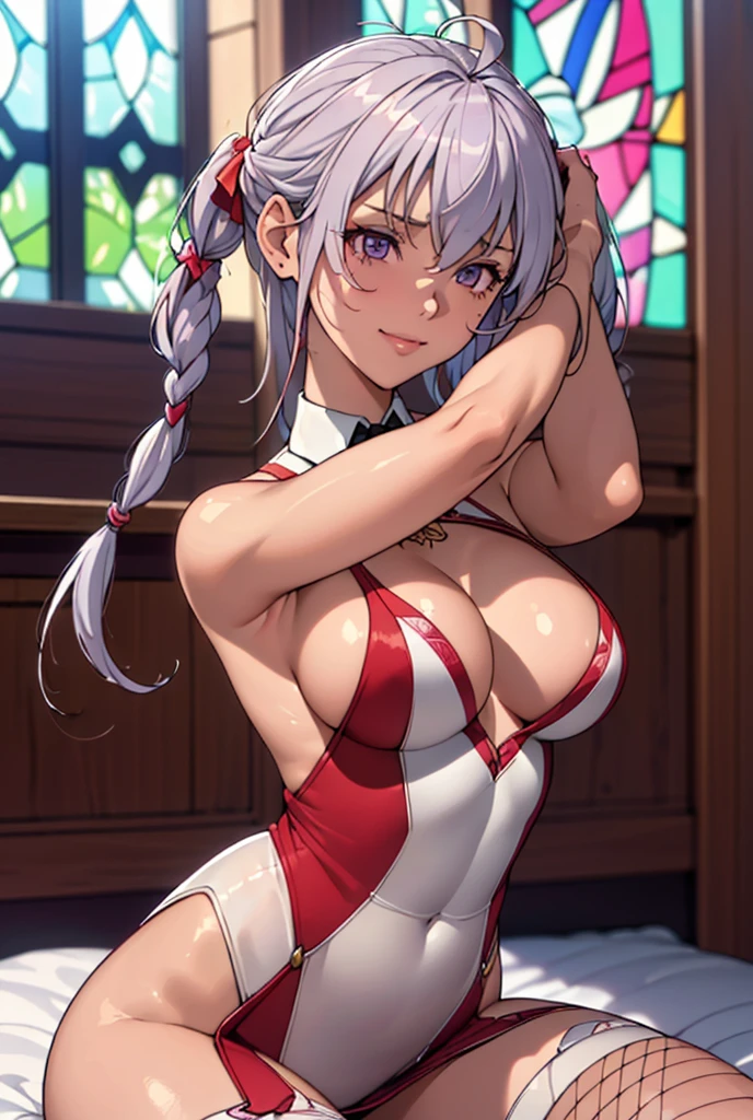 ((masterpiece)), ((Best quality)), (high resolution), (illustration), (an extremely delicate and beautiful), (ultra detailed beautiful face and eyes), nsfw, 1girl, leaning forward, YukineChris, long hair, purple eyes, twintails, low twintails, ahoge, large breasts, fishnet pantyhose, red a bow tie, volumetric lightning, detailed skin texture, detailed, volumetric shadow, anime screencap,Highest quality, Sorceress, ancient babylonian nobility, ((tan skin:1.2)), (brown skin color),Long hair, twin braids, hair ornament, wine colored hair, smile, Below average size breasts, bare shoulders, (underboob:0 Raise your legs vertically、Ready your gun?、Stretching arms forward to accentuate cleavage 8K, masterpiece, Best_quality, high_resolution, ultra_details, detailed, 1girl, 独奏, looking_at_viewer, upper_body, indoors, braid, blurry, bangs, white_hair, blurry_background, collared_shirt, church, hair_ribbon, hair_between_eyes, stained_Glass,sidelocks, depth_of_field, light_particles, window, french_braid, Alphonse Mucha Style, sharp focus, perfect hands, perfect face, perfect eyes, perfect light, dynamic light, natural light, Masterpiece, Best quality, red dress
