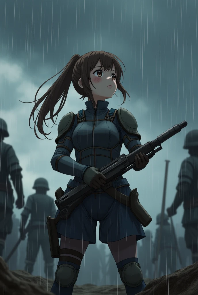 (Very detailed:1.2, masterpiece:1.2, Highest quality:1.2, High resolution:1.2), Battlefield Background, scenery, it's raining, One girl, Small breasts, Brown Hair, ponytail, clothing, breastplate, Dirty Face, Bloodstain, Dark Sky,Combat suit,gun,look up,anime, anime風, animeスタイル