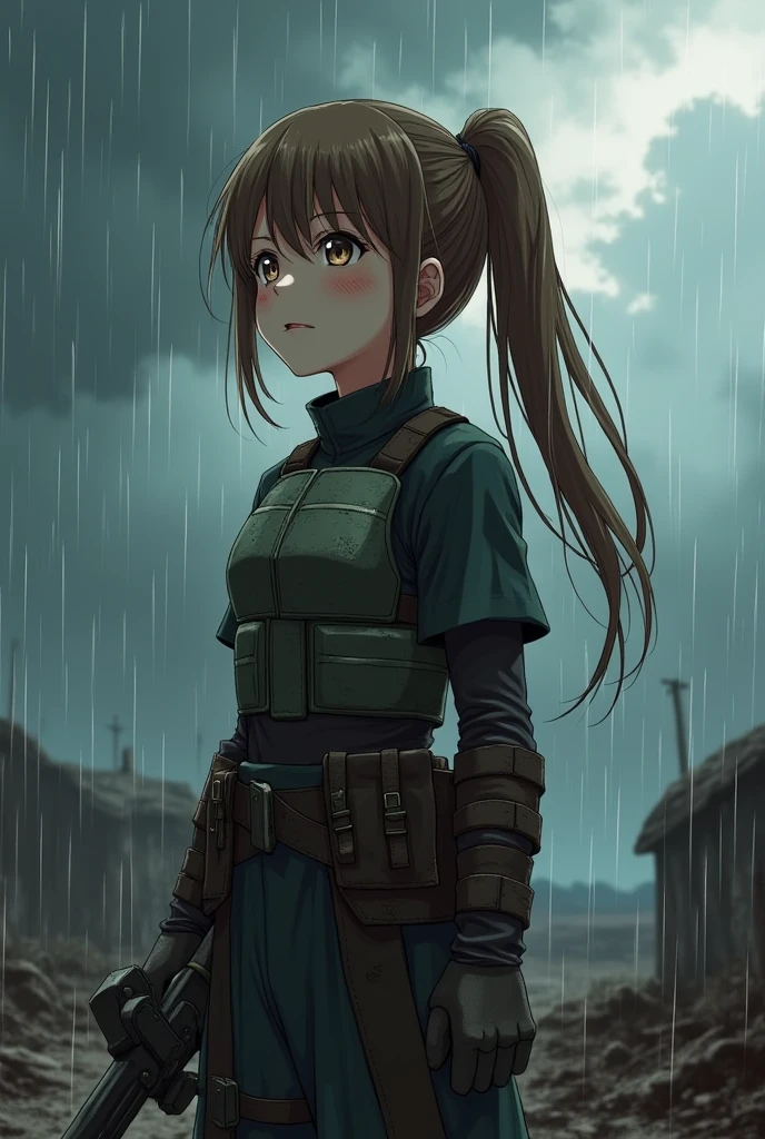 (Very detailed:1.2, masterpiece:1.2, Highest quality:1.2, High resolution:1.2), Battlefield Background, scenery, it&#39;s raining, One girl, Small breasts, Brown Hair, ponytail, clothing, breastplate, Dirty Face, Bloodstain, Dark Sky,Combat suit,gun,look up,anime, anime風, animeスタイル