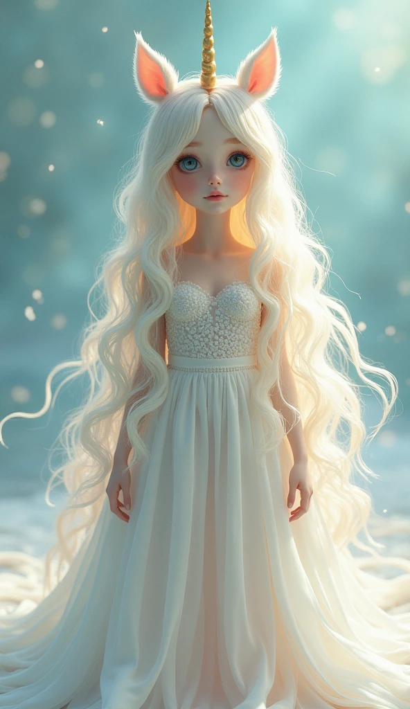 1 white girl as a unicorn with unicorn hair all over from head to toe full body.