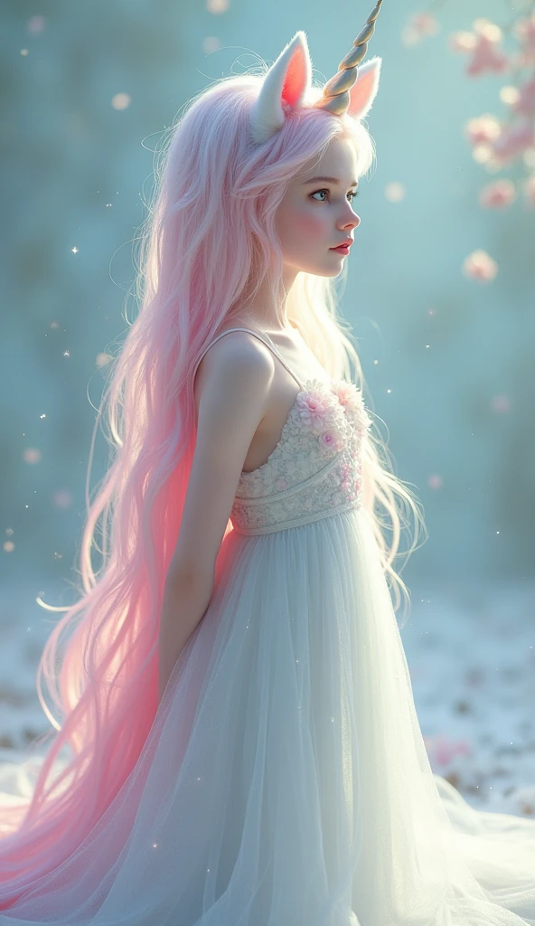1 white girl as a unicorn with unicorn hair all over from head to toe full body.