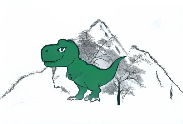Black and white silhouette of distant mountains,Tree,Silhouette Tyrannosaurus,HD,Strong contrast