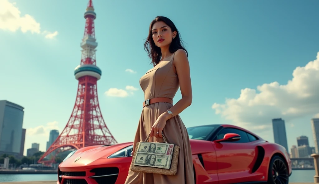 Woman at the Tokyo Tower: A fashionable woman poses with Tokyo Tower in the background, dressed in cutting-edge fashion. She holds a designer purse overflowing with yen and dollars, with a high-end sports car beside her.