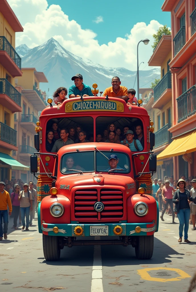 Red Dodge bus with blue and green side stripes driven by a sloppy guy with a cap and full of passengers in La Paz, Bolivia