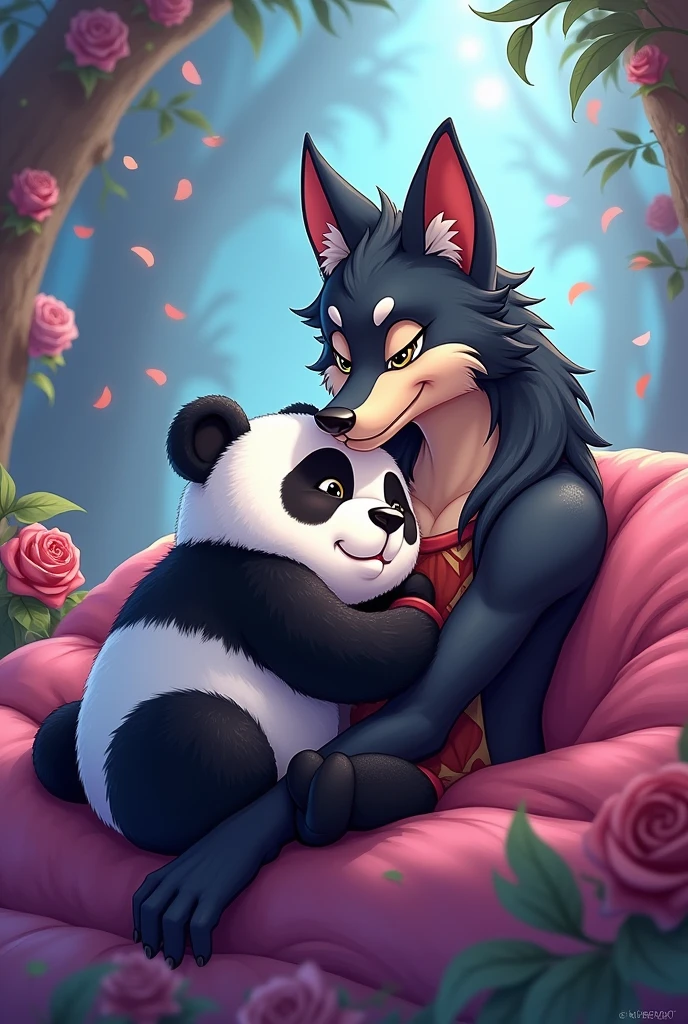 create an animation-like image with, a panda and a wolf in humanoid form, the panda with her head in the wolf&#39;s lap

