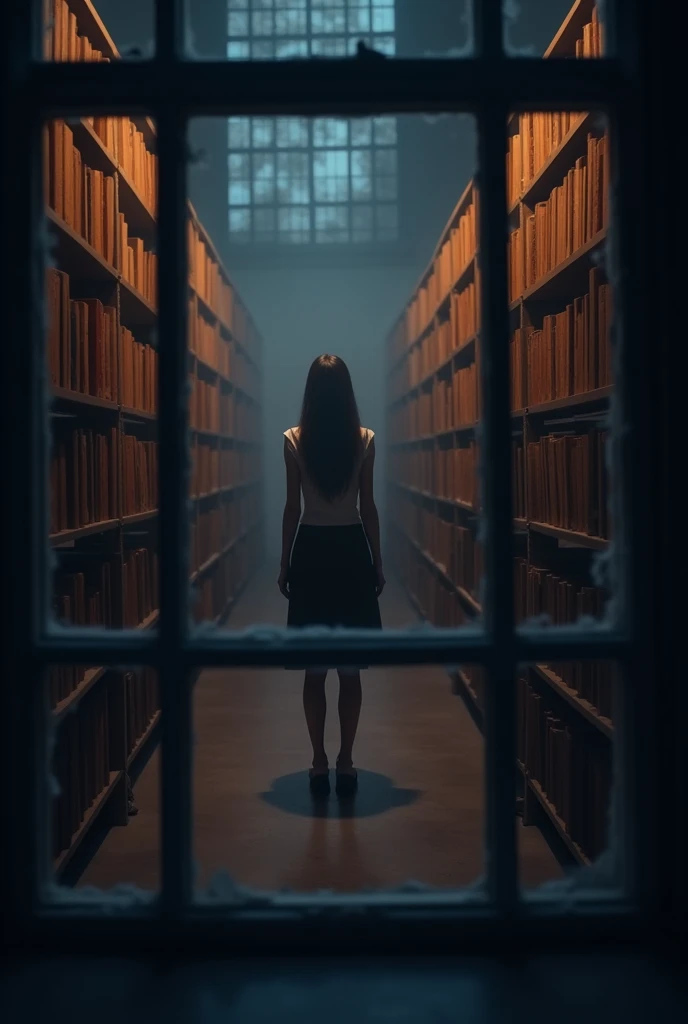 Night library woman facing from outside 