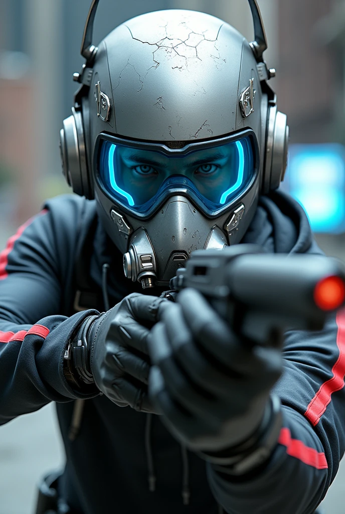 1 man shoot half body. Full body shoot. , silver motorcycle helmet, snorkeling mask, portrait halfbody shoot. Silver two pipe tube from mouth to head. Future design.. high tech. Wear google safety eyes glowing blue. The tube connect from head to mouth. Future headphone design blue led light detail. Starlord helmet design concepts. Very detail . High tech costume. Marvel. shape on the helmet. Small scratches on the helmet. The blue visor honeycomb style concept. shape spoiler antenna on the helmet, nose and mouth covered by mask metal. Wear cyberpunk hoodie spike shape red stripe. . In led speed of light.