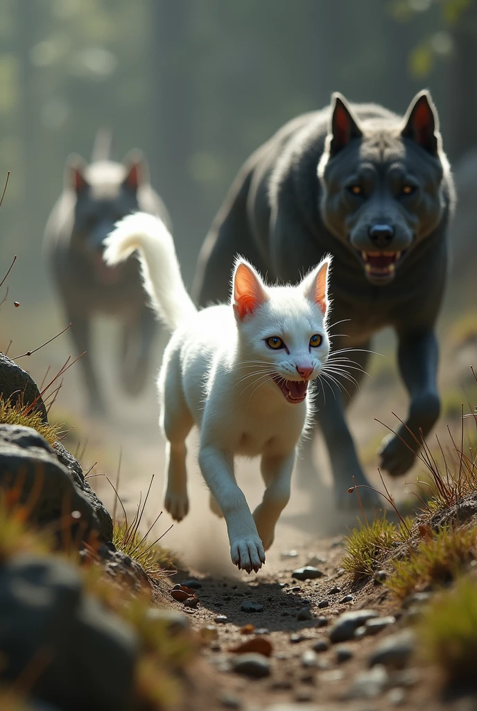 Small white ermine animal escaping from several pitbull dogs
