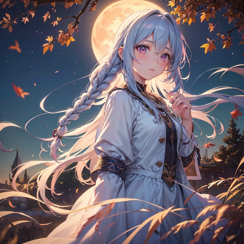 (Braiding hair),(Sky blue medium hair), (Pink eyes),(Fair skin) ,(whole body),(One Girl),(harvest moon),(A large amount of Miscanthus sinensis in the background),autumn,(full moon),(masterpiece, Highest quality, Very detailed, Best Shadow), (Detailed Background), (Beautifully detailed face), High Contrast, (Best lighting, Very delicate and beautiful), ((Cinematic Light)), Hyper Detail,8k, Dramatic Light, Intricate details,Autumn leaf viewing,