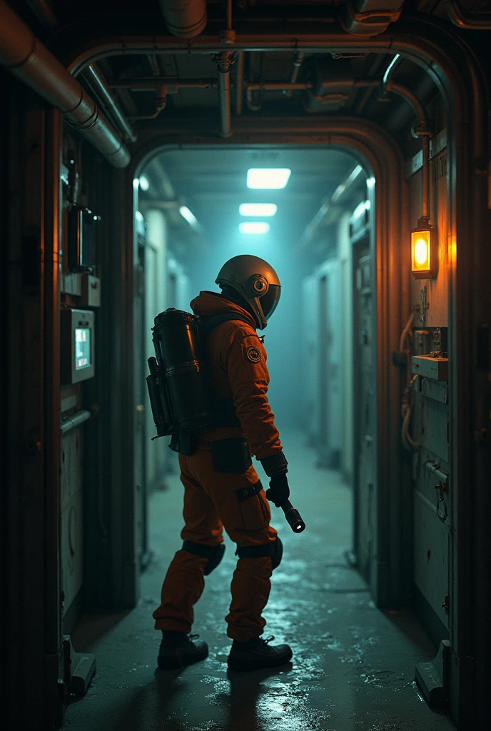 Spaceship internally, FIRST PERSON PERSPECTIVE CREWMAN, only one arm appears holding a flashlight, semi open rooms