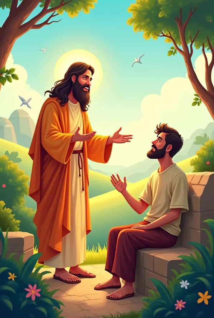 Cartoon background image Parmeshwar yeshu Masih ek admi ko sabak shika rhe hai