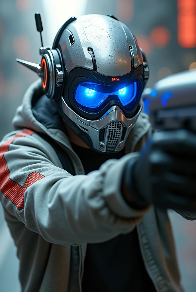 1 man shoot half body. Full body shoot. , silver motorcycle helmet, snorkeling mask, portrait halfbody shoot. Silver two pipe tube from mouth to head. Future design.. high tech. Wear google safety eyes glowing blue. The tube connect from head to mouth. Future headphone design blue led light detail. Starlord helmet design concepts. Very detail . High tech costume. Marvel. shape on the helmet. Small scratches on the helmet. The blue visor honeycomb style concept. shape spoiler antenna on the helmet, nose and mouth covered by mask metal. Wear cyberpunk hoodie spike shape red stripe. . In led speed of light.