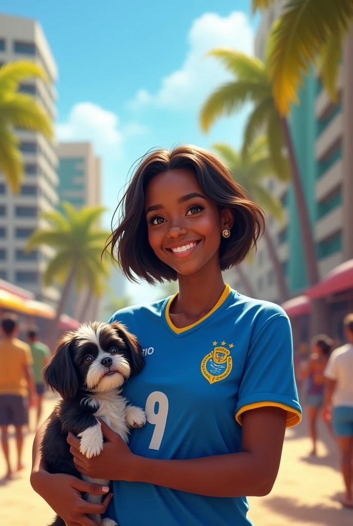 a black woman, short black hair, in copacabana. she is smiling, wearing a Cruzeiro team shirt, cerulean. holds a small shitzu dog, black andwhite
