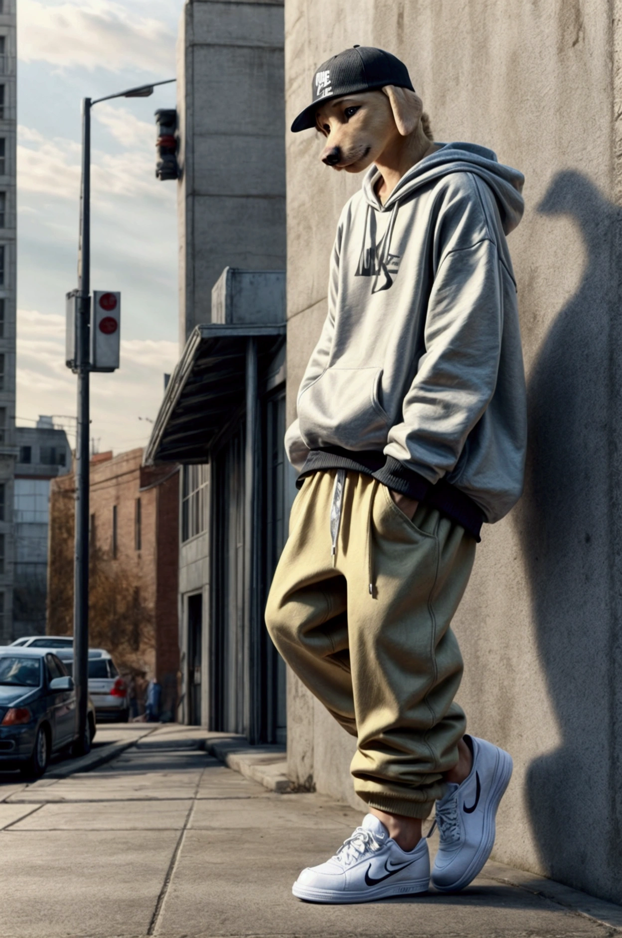 Yellow Labrador wearing baggy pants and sweatshirt with backwards cap and Nike SB sneakers skateboarding 