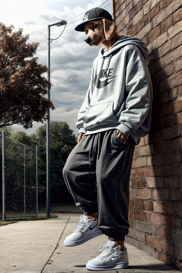 Yellow Labrador wearing baggy pants and sweatshirt with backwards cap and Nike SB sneakers skateboarding 