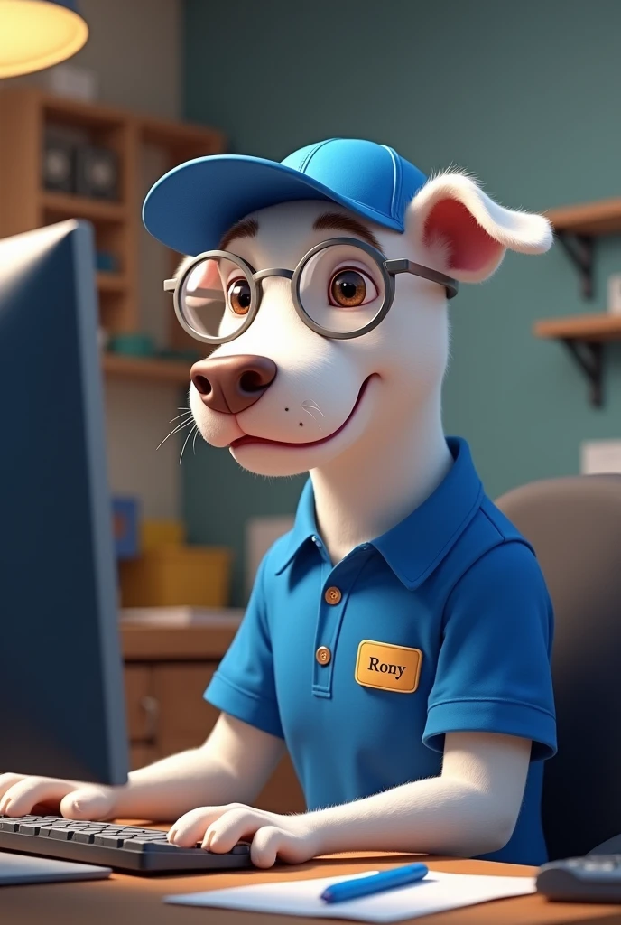 White pitbull dog, Light brown eyes, transparent spectacles, blue cap, shirt blue, cracha com nome Rony, using computer, blue pen in the other hand. Tools in the background, 4K, Disney style.