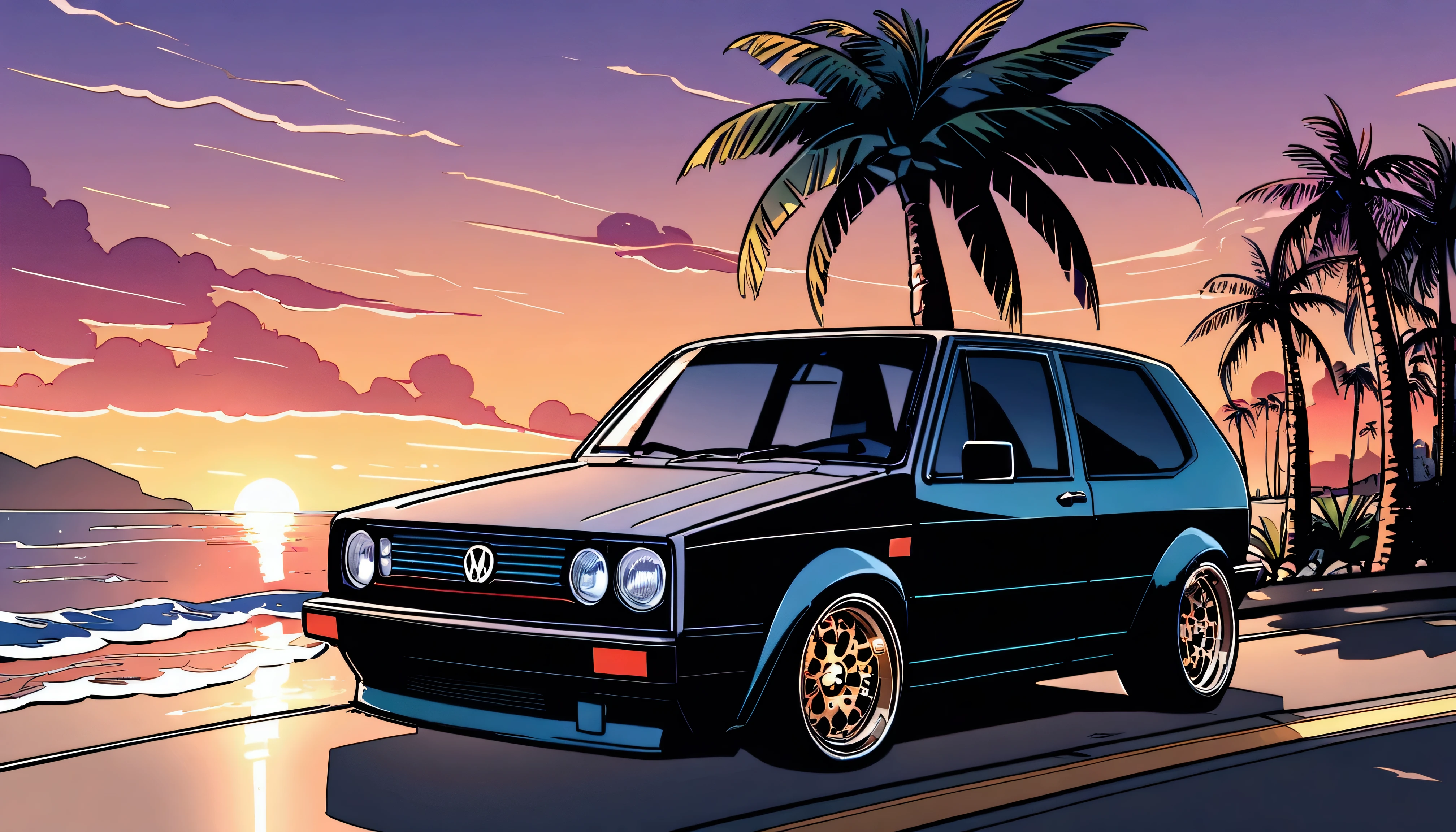 ((ＴShirt Design)), 1983 Volkswagen Golf GTI, Sunset background, Palm tree, Layers with 5 colors, Corner of the street, Berek's drum, Plethean, 