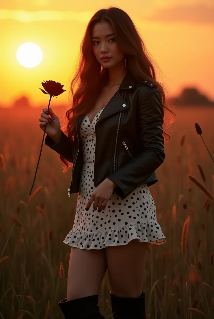 cinematic (solo) a 3 Asian woman, curvy body, long brown hair, wearing a black leather jacket, white polka dot dress, black boots, posing holding a black rose, standing in the middle of tall grass, sunset, cinematic