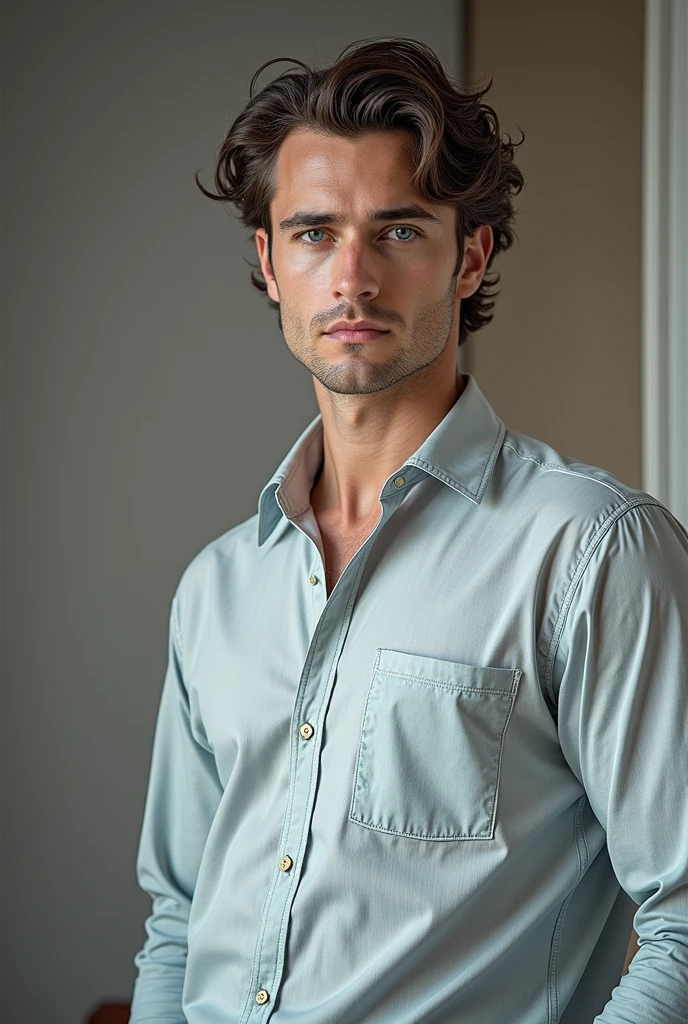 Put him in a dress shirt without pockets, curly hair a little lower, blue eye.