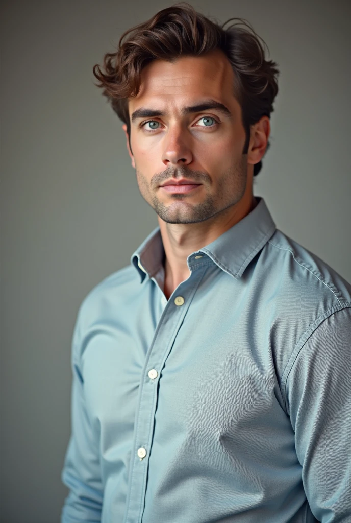 Put him in a dress shirt without pockets, curly hair a little lower, blue eye.