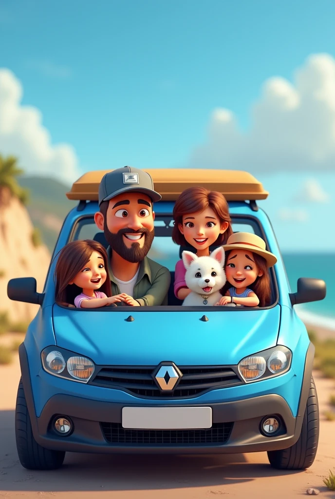 Animated image Man with cap and short beard and a woman with hat and two girls and a small white dog , in a blue Sandero stepway car